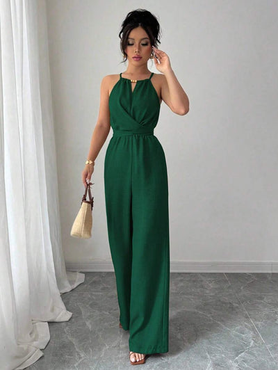Khaki Halter Jumpsuit – Beaded Waist, Tie Detail - Lunavitae