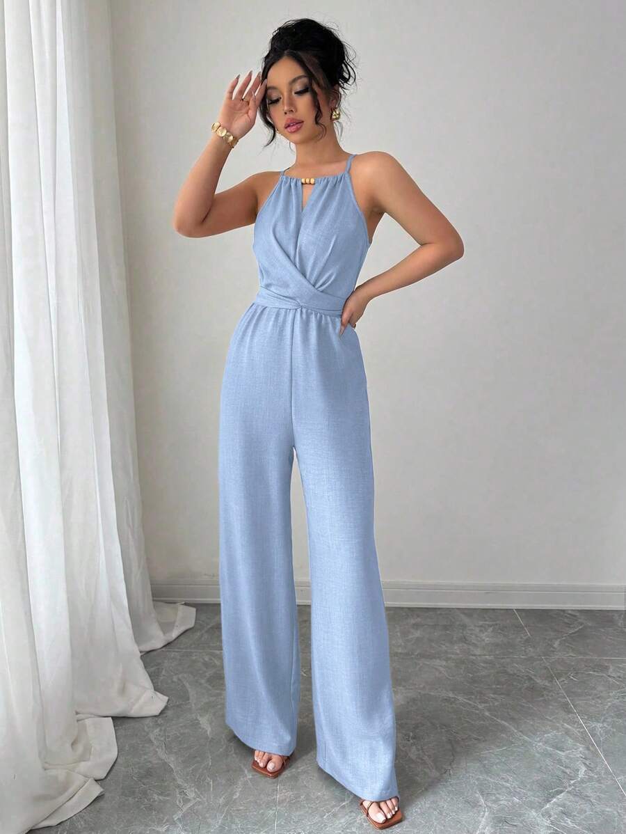 Khaki Halter Jumpsuit – Beaded Waist, Tie Detail - Lunavitae