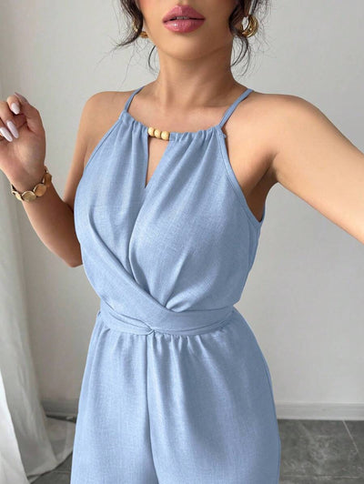 Khaki Halter Jumpsuit – Beaded Waist, Tie Detail - Lunavitae