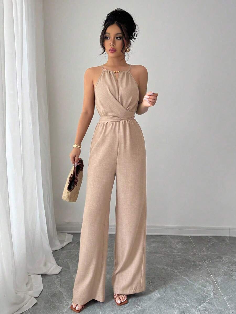 Khaki Halter Jumpsuit – Beaded Waist, Tie Detail - Lunavitae