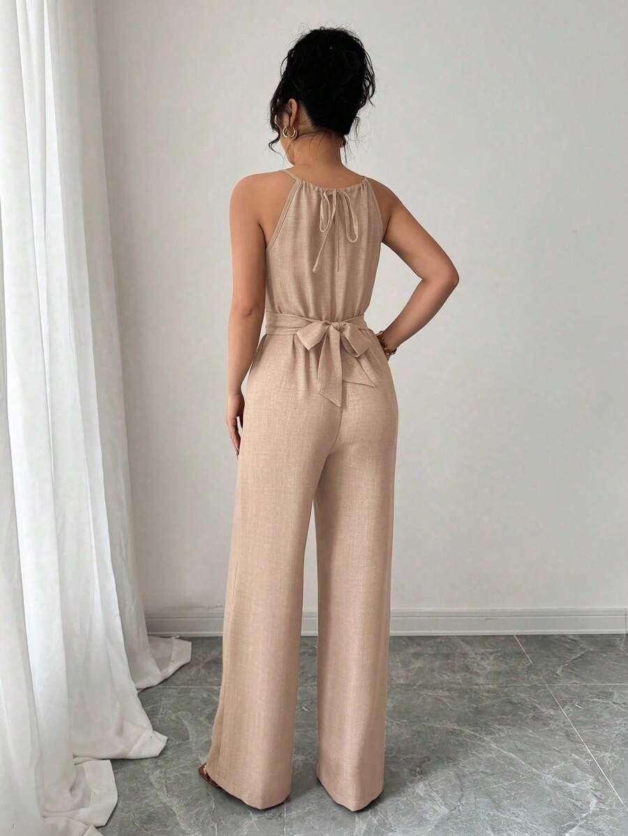 Khaki Halter Jumpsuit – Beaded Waist, Tie Detail - Lunavitae