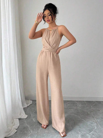 Khaki Halter Jumpsuit – Beaded Waist, Tie Detail - Lunavitae