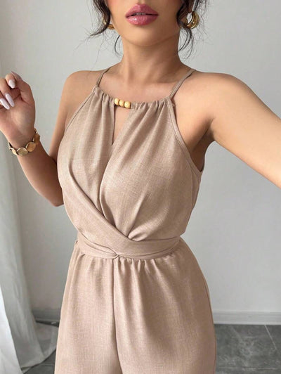 Khaki Halter Jumpsuit – Beaded Waist, Tie Detail - Lunavitae