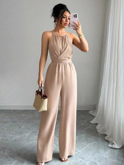 Khaki Halter Jumpsuit – Beaded Waist, Tie Detail - Lunavitae