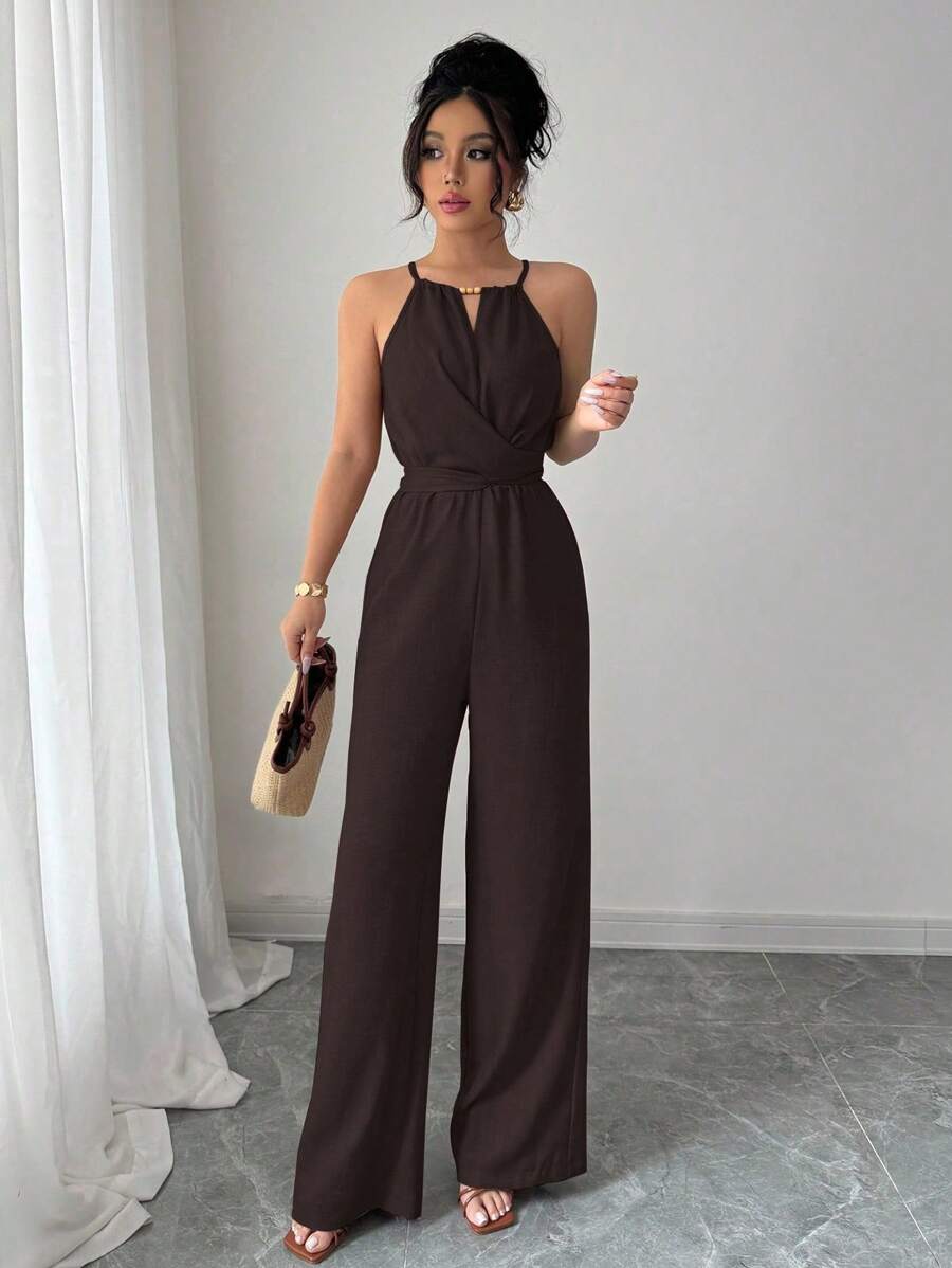 Khaki Halter Jumpsuit – Beaded Waist, Tie Detail - Lunavitae