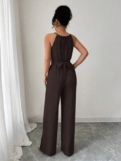 Khaki Halter Jumpsuit – Beaded Waist, Tie Detail - Lunavitae