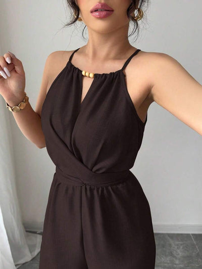 Khaki Halter Jumpsuit – Beaded Waist, Tie Detail - Lunavitae