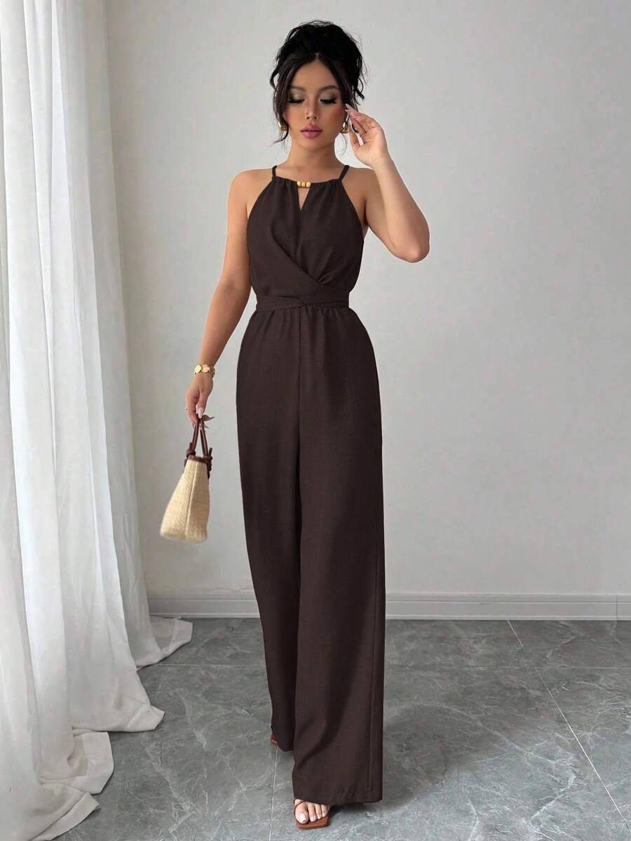 Khaki Halter Jumpsuit – Beaded Waist, Tie Detail - Lunavitae