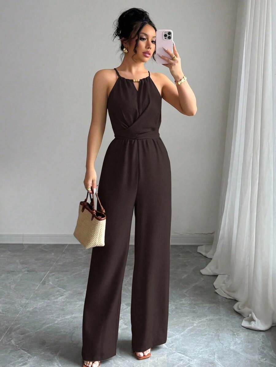 Khaki Halter Jumpsuit – Beaded Waist, Tie Detail - Lunavitae