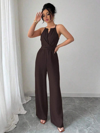 Khaki Halter Jumpsuit – Beaded Waist, Tie Detail - Lunavitae