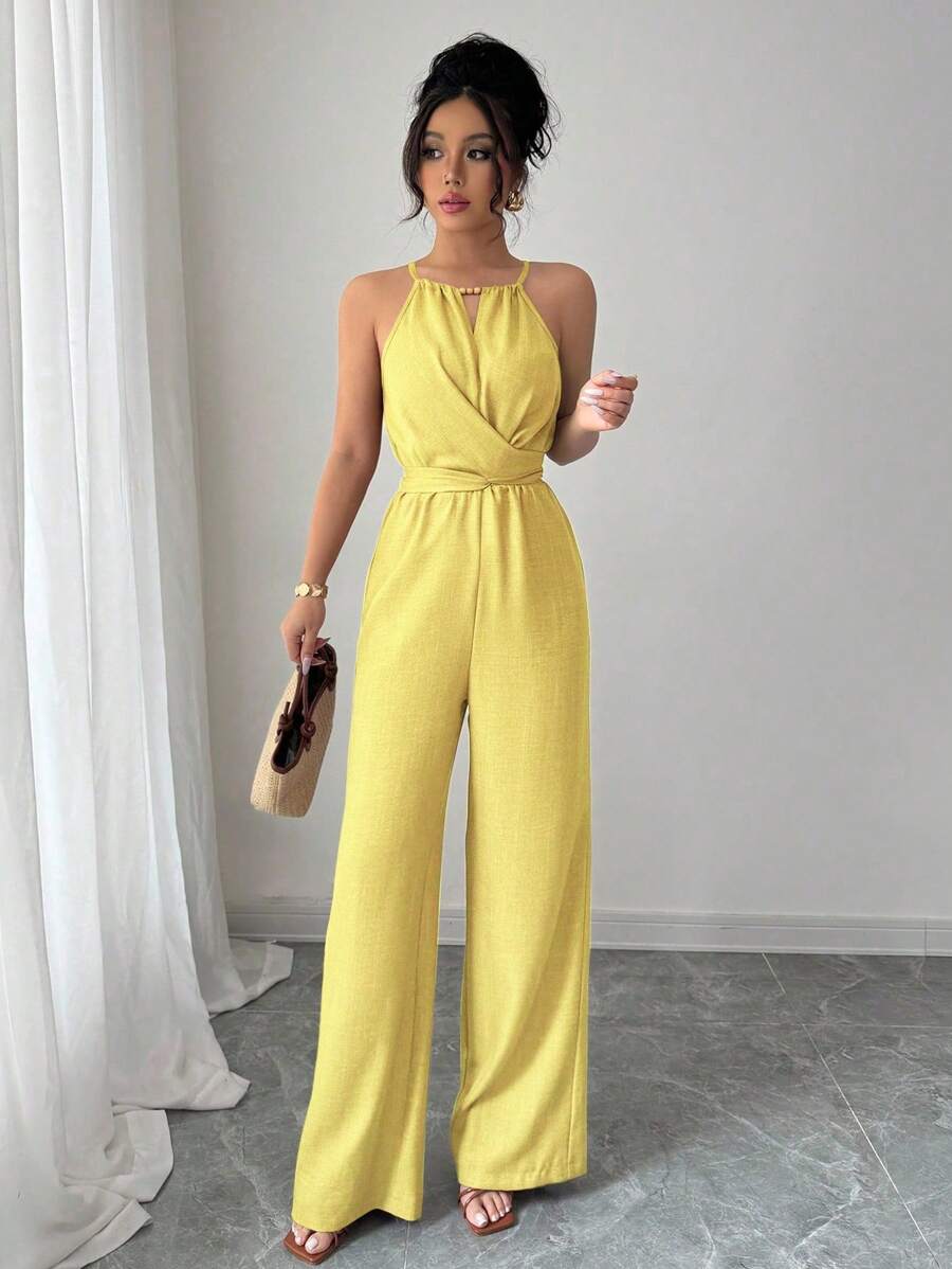 Khaki Halter Jumpsuit – Beaded Waist, Tie Detail - Lunavitae