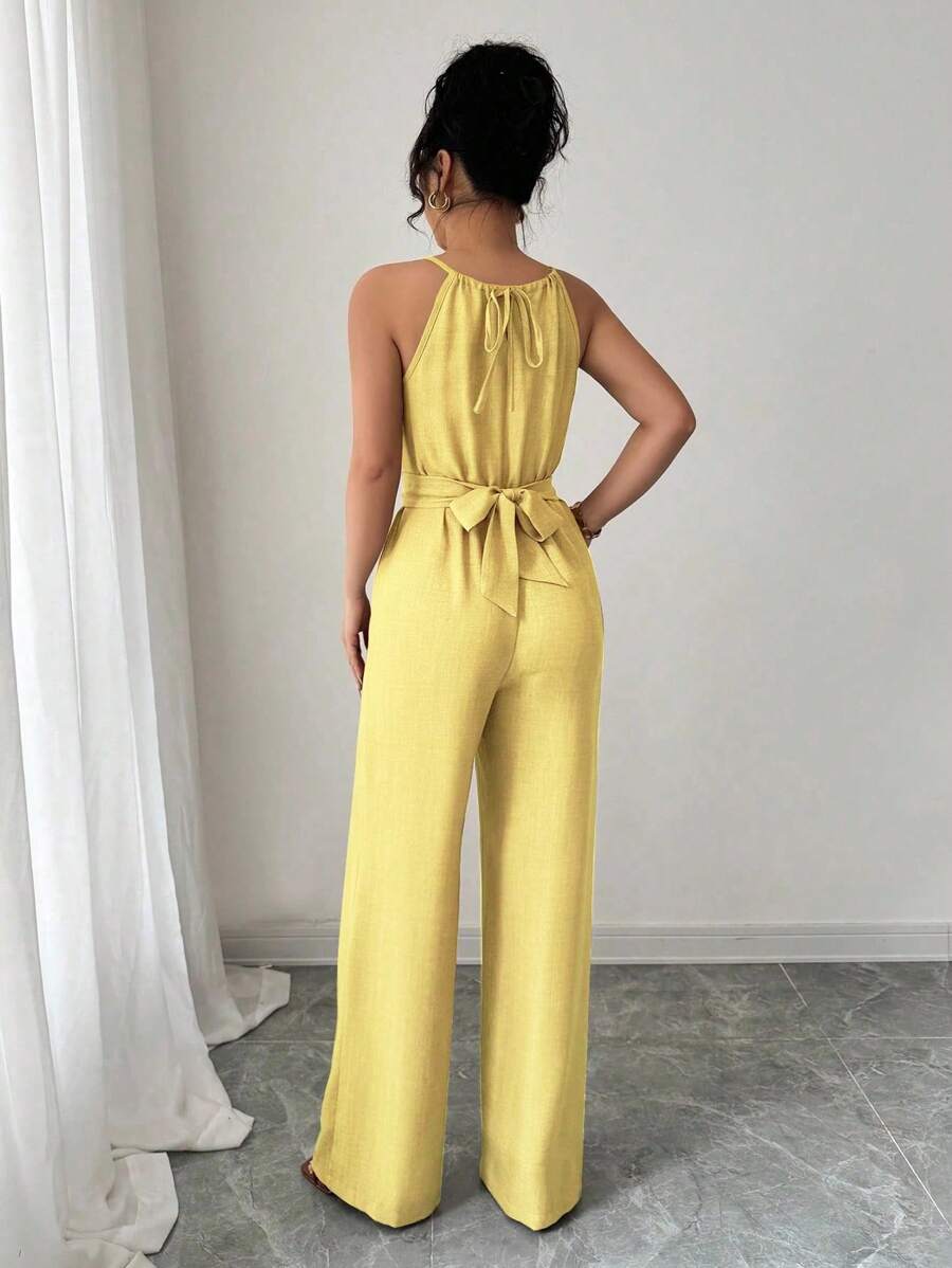 Khaki Halter Jumpsuit – Beaded Waist, Tie Detail - Lunavitae