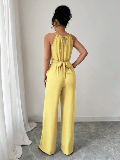 Khaki Halter Jumpsuit – Beaded Waist, Tie Detail - Lunavitae
