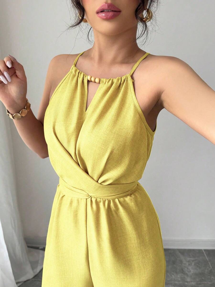 Khaki Halter Jumpsuit – Beaded Waist, Tie Detail - Lunavitae