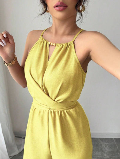 Khaki Halter Jumpsuit – Beaded Waist, Tie Detail - Lunavitae