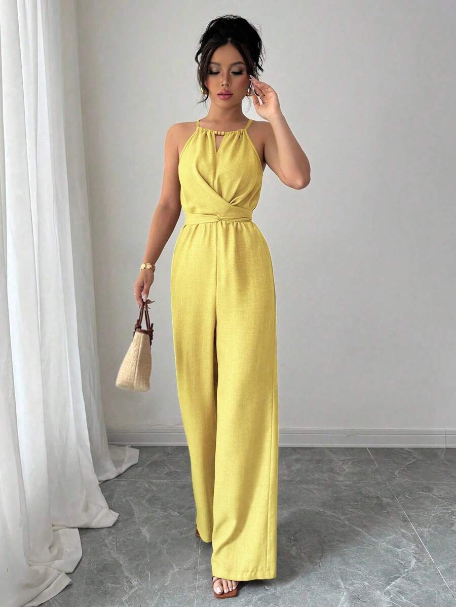 Khaki Halter Jumpsuit – Beaded Waist, Tie Detail - Lunavitae