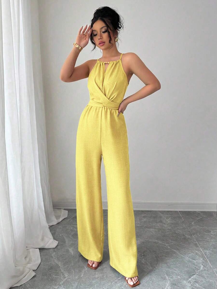 Khaki Halter Jumpsuit – Beaded Waist, Tie Detail - Lunavitae