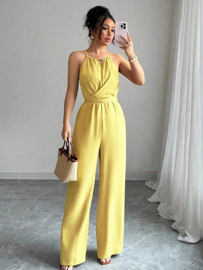 Khaki Halter Jumpsuit – Beaded Waist, Tie Detail - Lunavitae