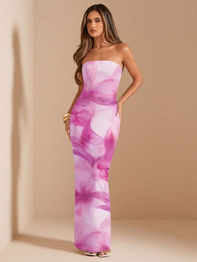 Pink Floral Bandeau Dress – Fitted Summer Style - Lunavitae