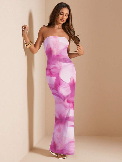 Pink Floral Bandeau Dress – Fitted Summer Style - Lunavitae