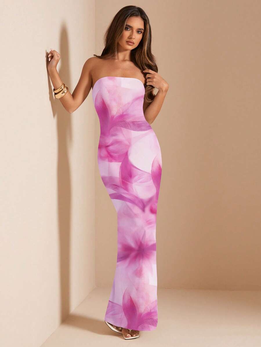 Pink Floral Bandeau Dress – Fitted Summer Style - Lunavitae