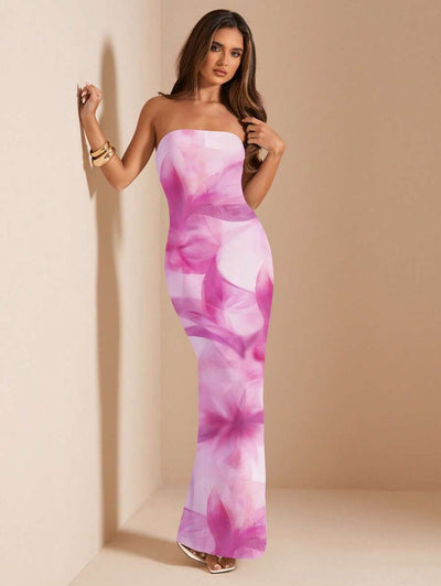 Pink Floral Bandeau Dress – Fitted Summer Style - Lunavitae