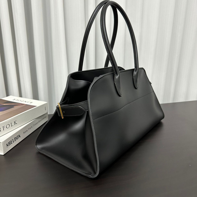 Wide-Base Structured Soft Leather Tote Bag