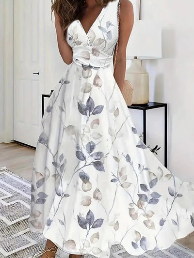 Floral V-Neck Midi Dress – Sleeveless, Flowy Skirt - Lunavitae
