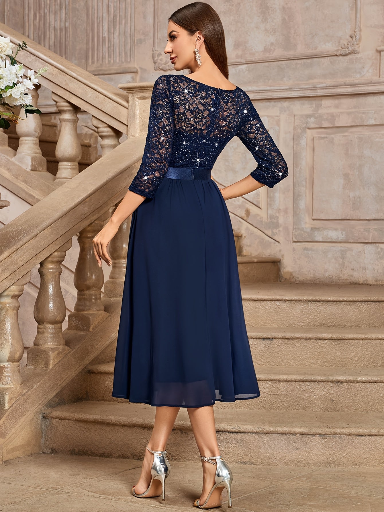 Sequin Lace Midi Dress – V-Neck, Tulle Skirt, 3/4 Sleeve - Lunavitae