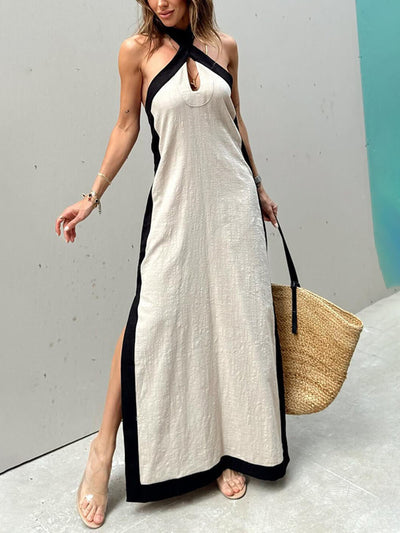 Halter Neck Slit Color Block Maxi Dress - Lunavitae