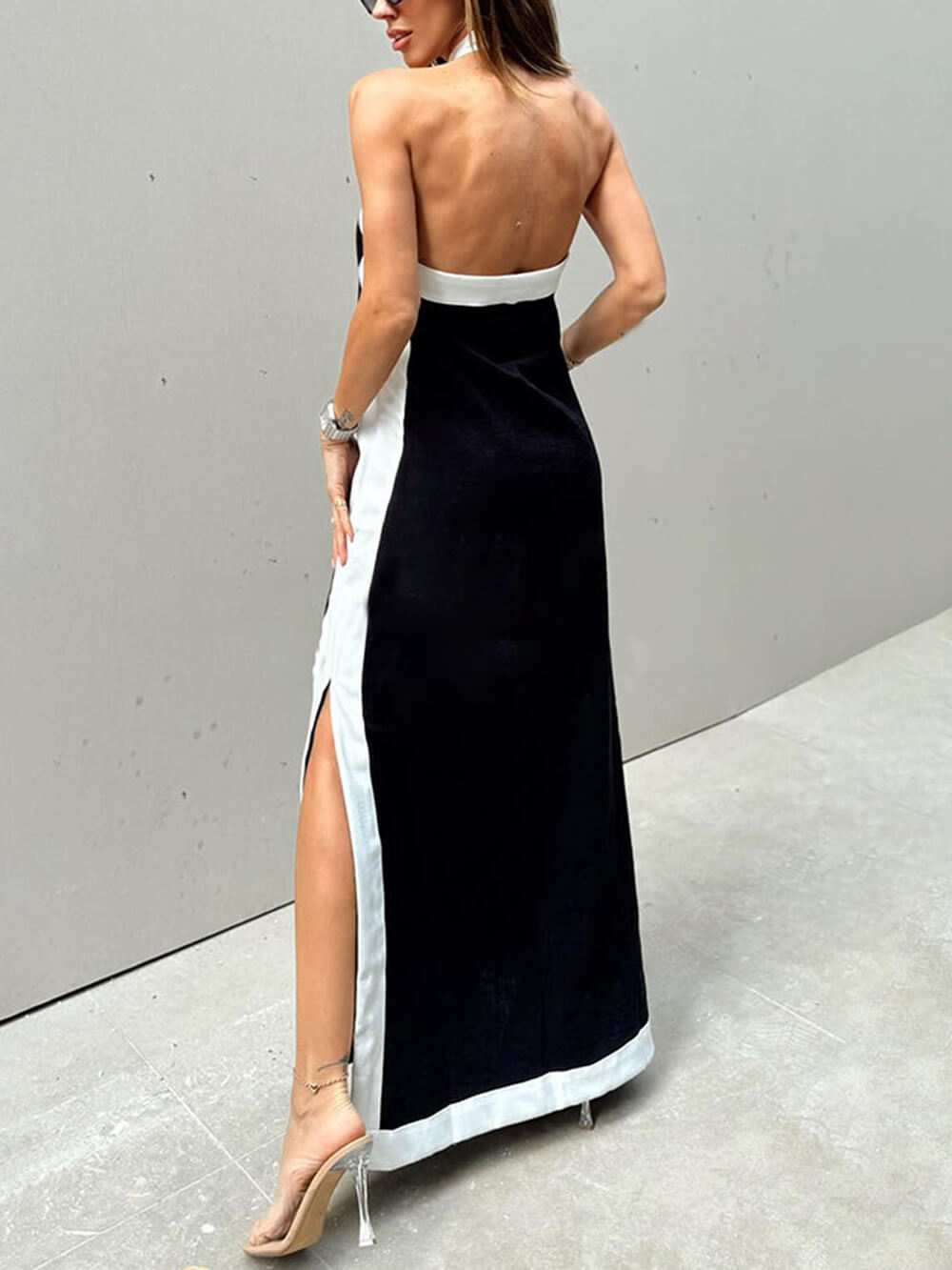 Halter Neck Slit Color Block Maxi Dress - Lunavitae