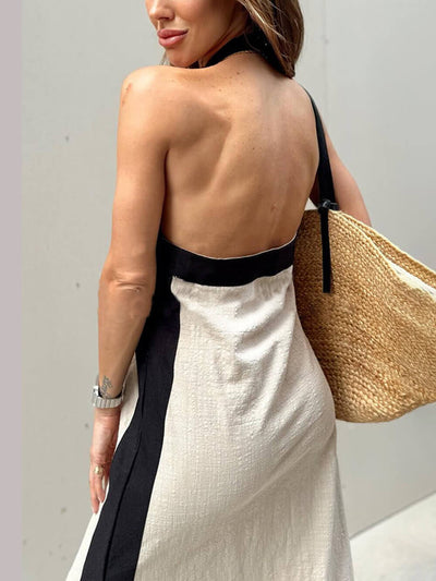 Halter Neck Slit Color Block Maxi Dress - Lunavitae