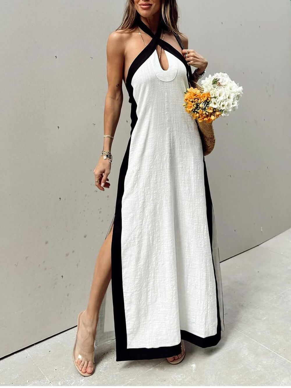 Halter Neck Slit Color Block Maxi Dress - Lunavitae