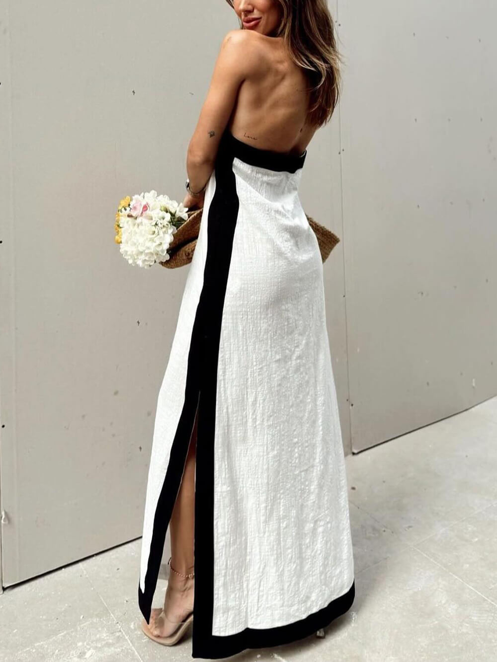 Halter Neck Slit Color Block Maxi Dress - Lunavitae