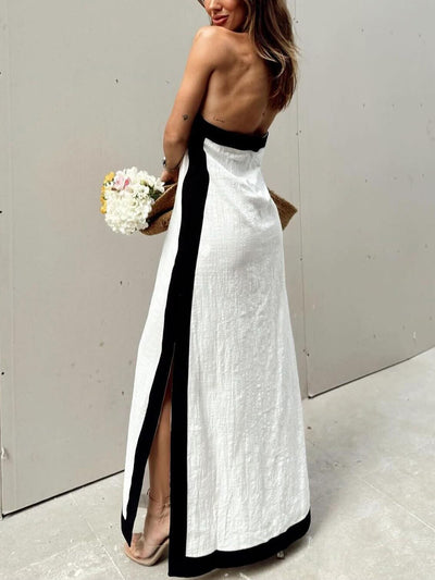 Halter Neck Slit Color Block Maxi Dress - Lunavitae