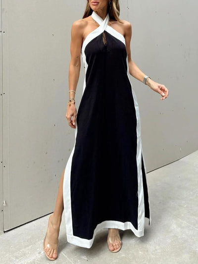 Halter Neck Slit Color Block Maxi Dress - Lunavitae