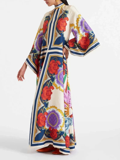 Exquisite Floral Print Draped Waterfall Sleeves Maxi Dress - Lunavitae