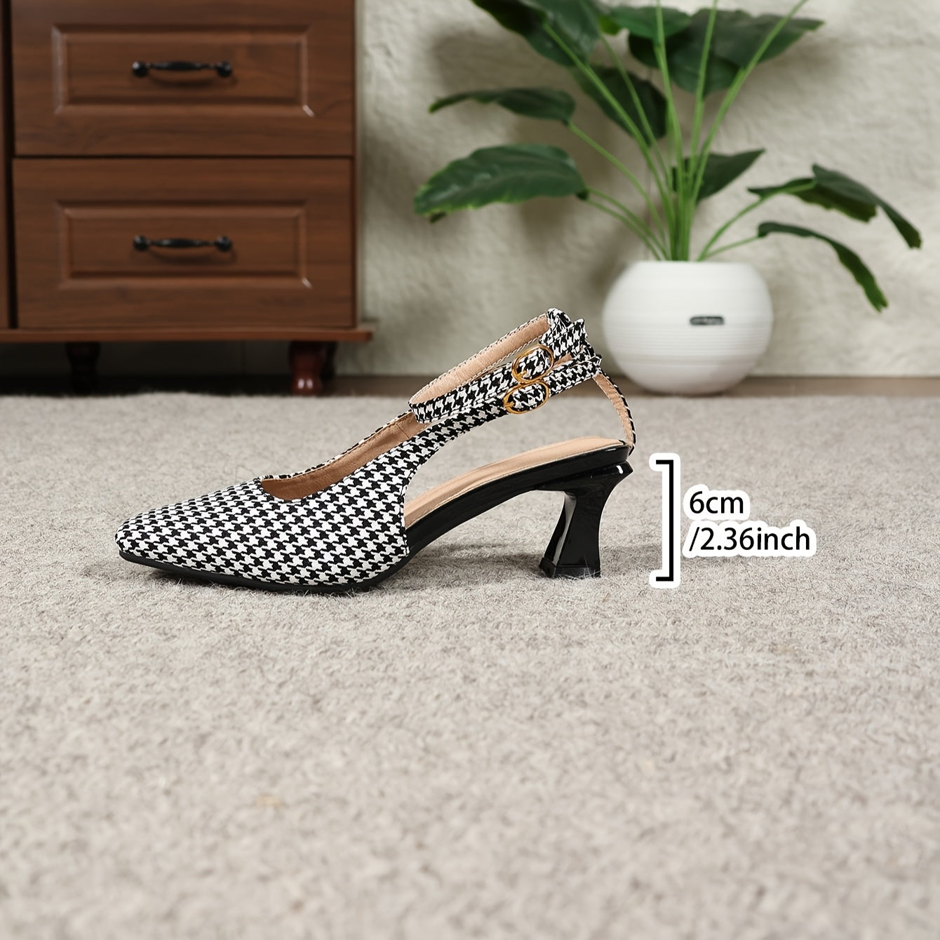 Square Toe Kitten Heels – Houndstooth, Slip-On - Lunavitae