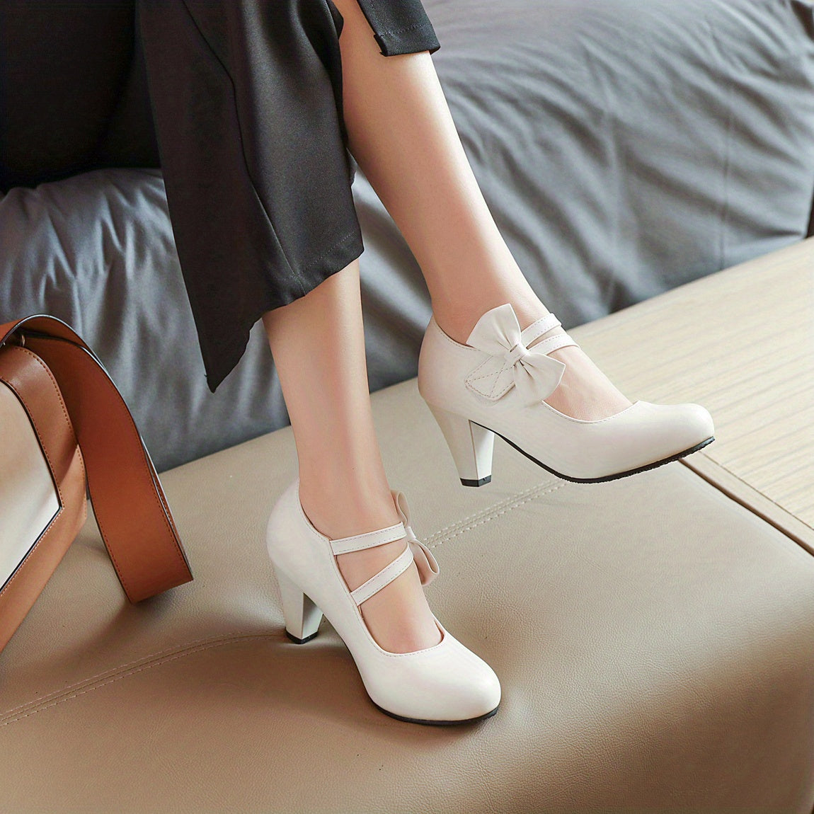 Kitten Heel Pumps – Bow Ankle Strap, Round Toe - Lunavitae