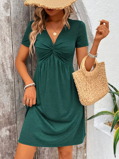 V-Neck Twist Front Dress – A-Line, Short Sleeve - Lunavitae