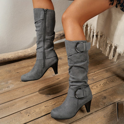 Fabric Knee-High Boots – Pointed Toe, Cone Heel - Lunavitae