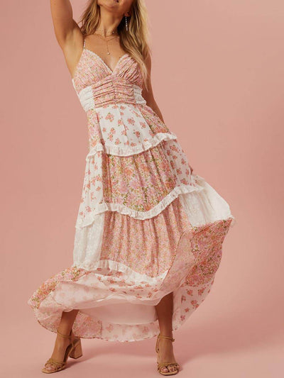 Retro Floral Print Patchwork Maxi Dress - Lunavitae