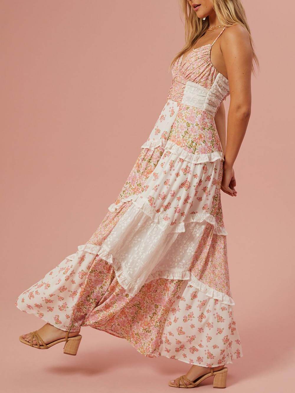 Retro Floral Print Patchwork Maxi Dress - Lunavitae