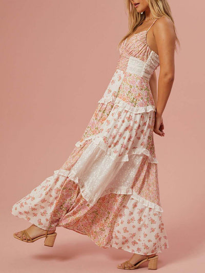 Retro Floral Print Patchwork Maxi Dress - Lunavitae