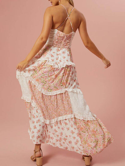 Retro Floral Print Patchwork Maxi Dress - Lunavitae