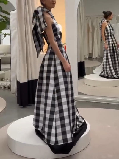 Classic Plaid Print Halter Neck Maxi Dress - Lunavitae