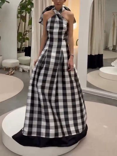Classic Plaid Print Halter Neck Maxi Dress - Lunavitae