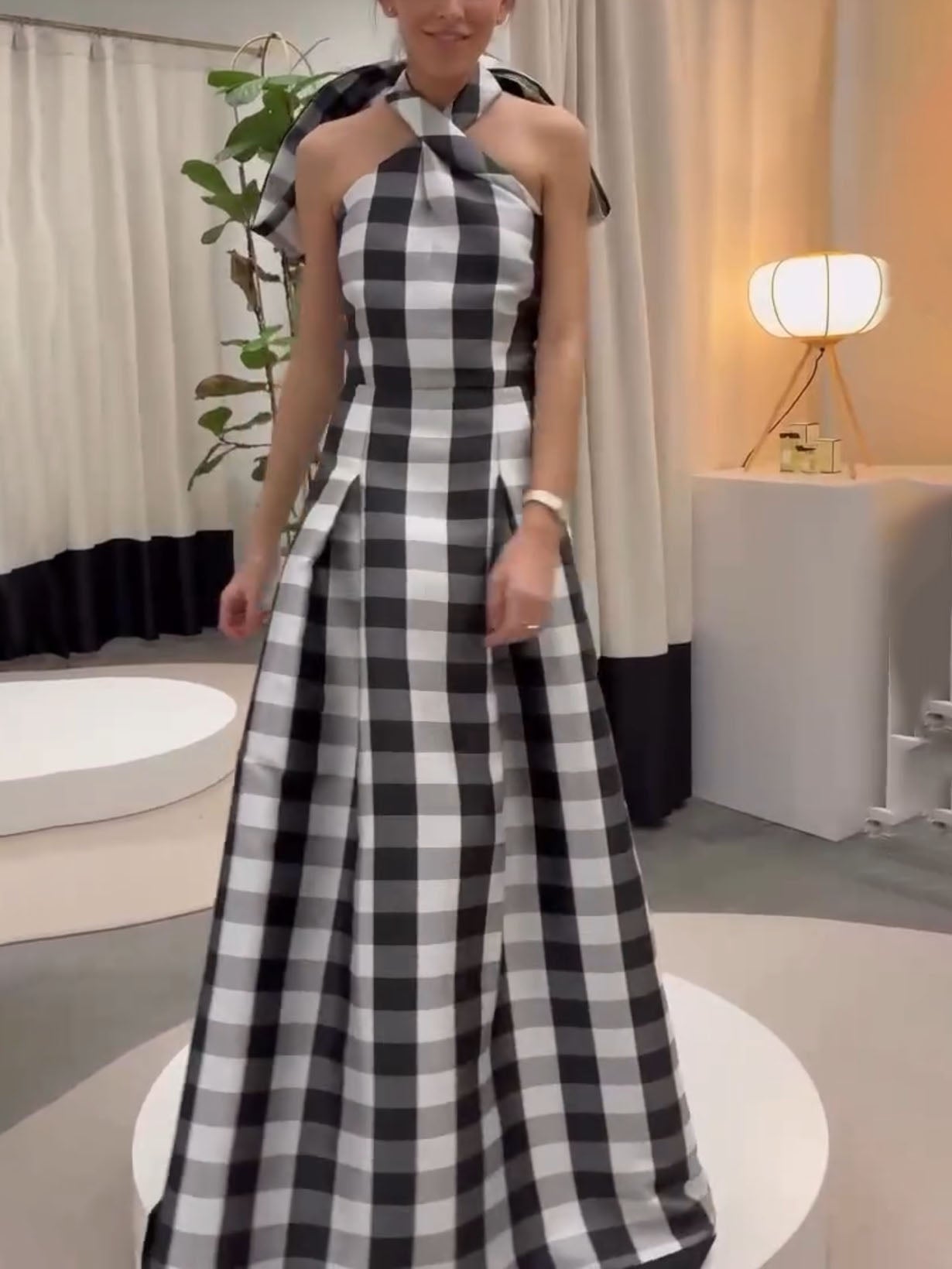 Classic Plaid Print Halter Neck Maxi Dress - Lunavitae