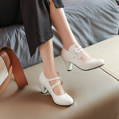 Kitten Heel Pumps – Bow Ankle Strap, Round Toe - Lunavitae
