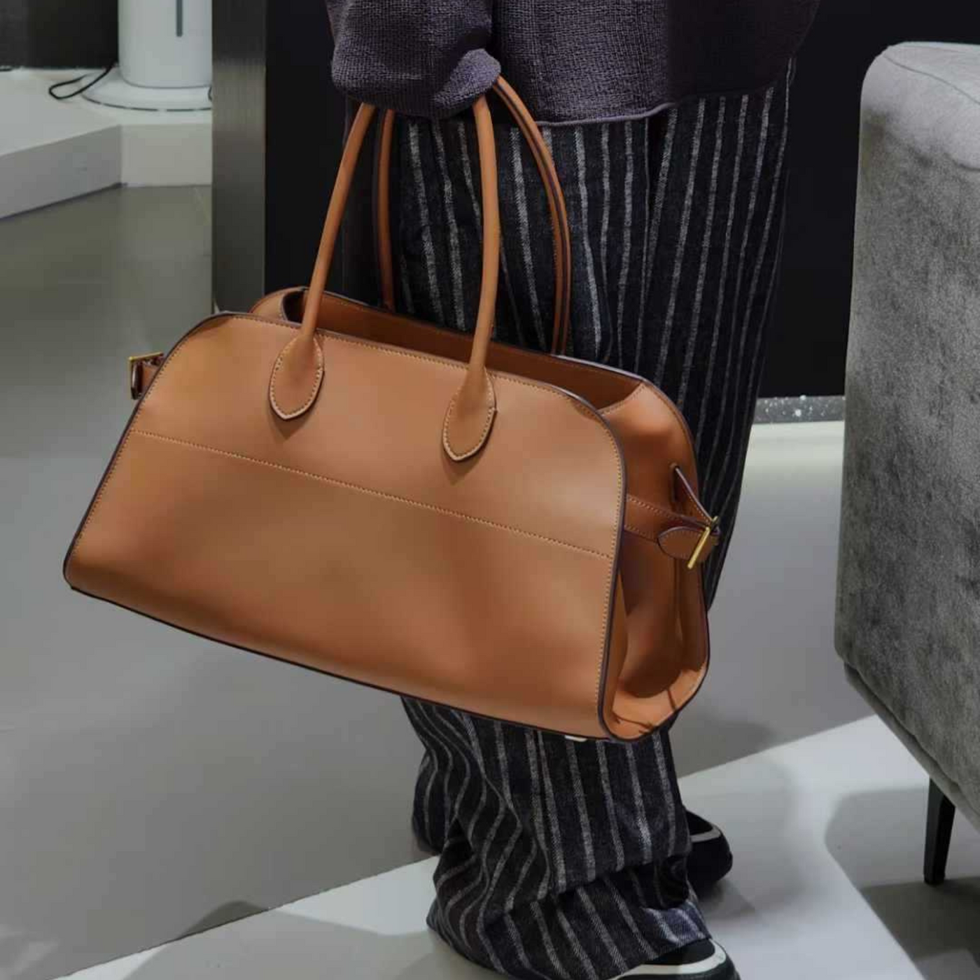 Wide-Base Structured Soft Leather Tote Bag